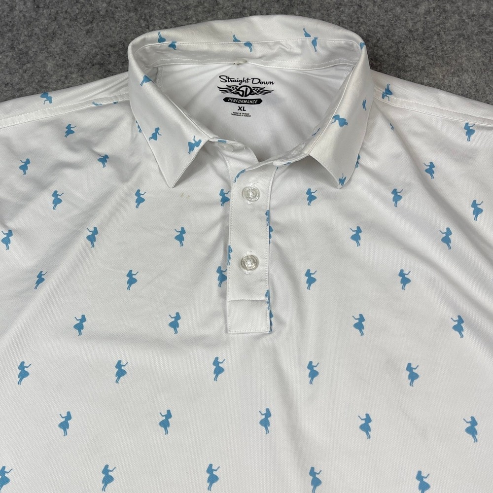 Straight Down Performance Golf Polo Shirt Mens XL White Hula Dancer Girl Print